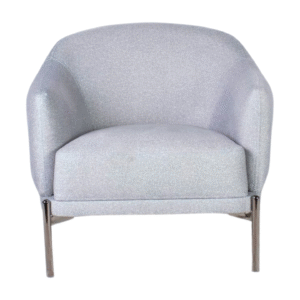 Featuring a large round single chair with grey upholstery