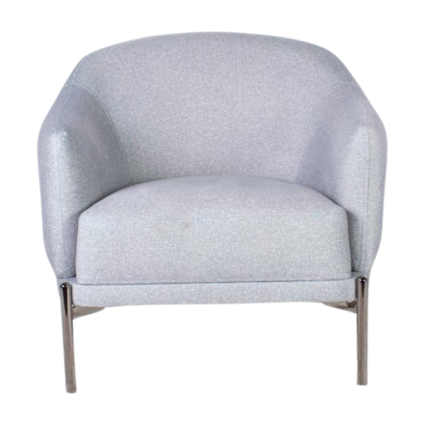 Featuring a large round single chair with grey upholstery