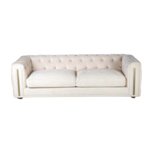 Featuring a single cream coloured soft velvet tuffted 3-Seater sofa