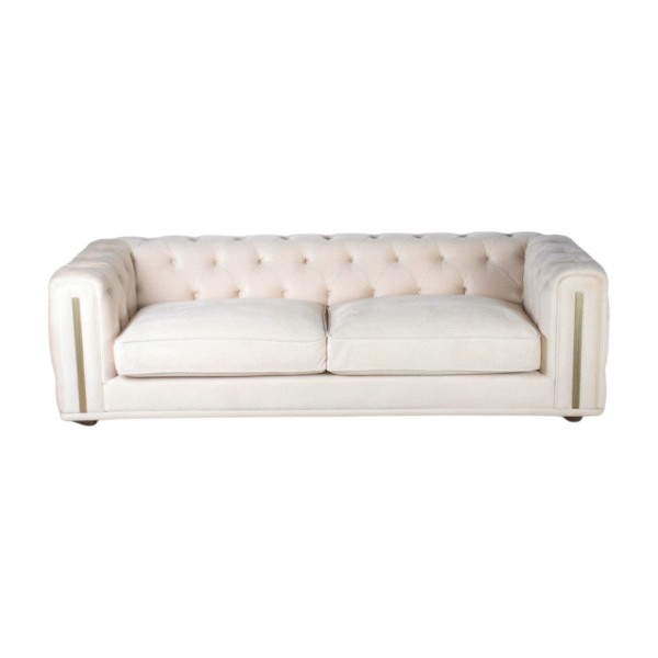 Featuring a single cream coloured soft velvet tuffted 3-Seater sofa