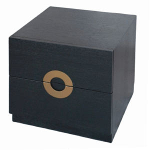 Featuring black 2- drawer Nightstand with golden detail
