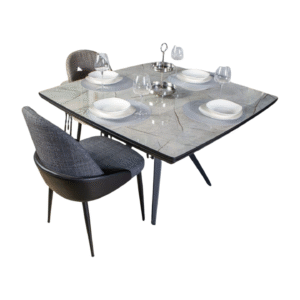 Featuring a high gloss marbel surface square Dining table with black wrought iron leg