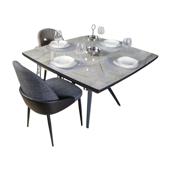 Featuring a high gloss marbel surface square Dining table with black wrought iron leg